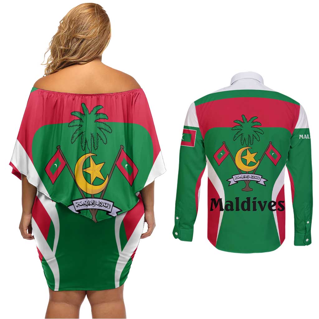Maldives National Flag and Emblem Couples Matching Off Shoulder Short Dress and Long Sleeve Button Shirt with Green Red White Colorblock Design