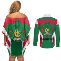 Maldives National Flag and Emblem Couples Matching Off Shoulder Short Dress and Long Sleeve Button Shirt with Green Red White Colorblock Design