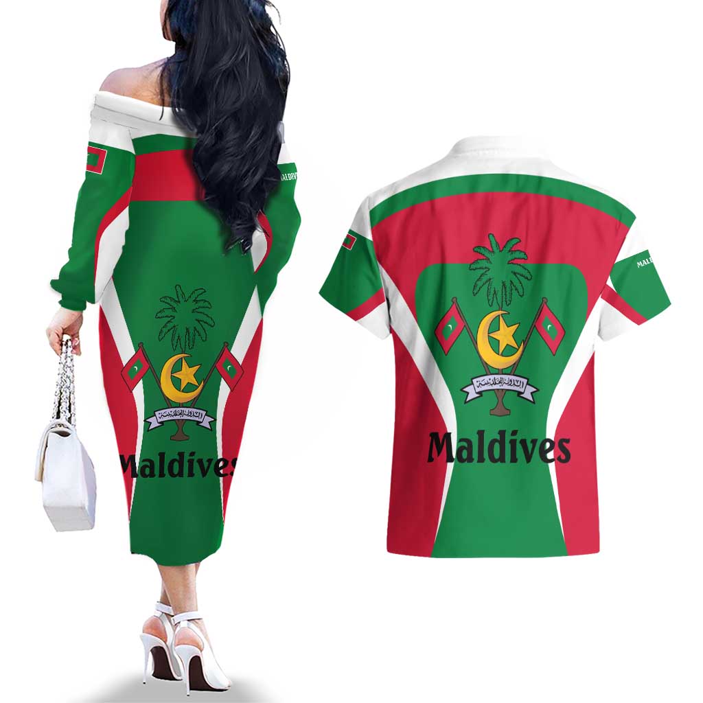 Maldives National Flag and Emblem Couples Matching Off The Shoulder Long Sleeve Dress and Hawaiian Shirt with Green Red White Colorblock Design