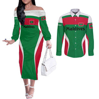 Maldives National Flag and Emblem Couples Matching Off The Shoulder Long Sleeve Dress and Long Sleeve Button Shirt with Green Red White Colorblock Design