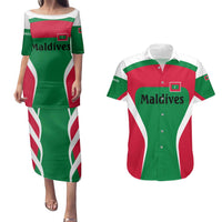 Maldives National Flag and Emblem Couples Matching Puletasi and Hawaiian Shirt with Green Red White Colorblock Design