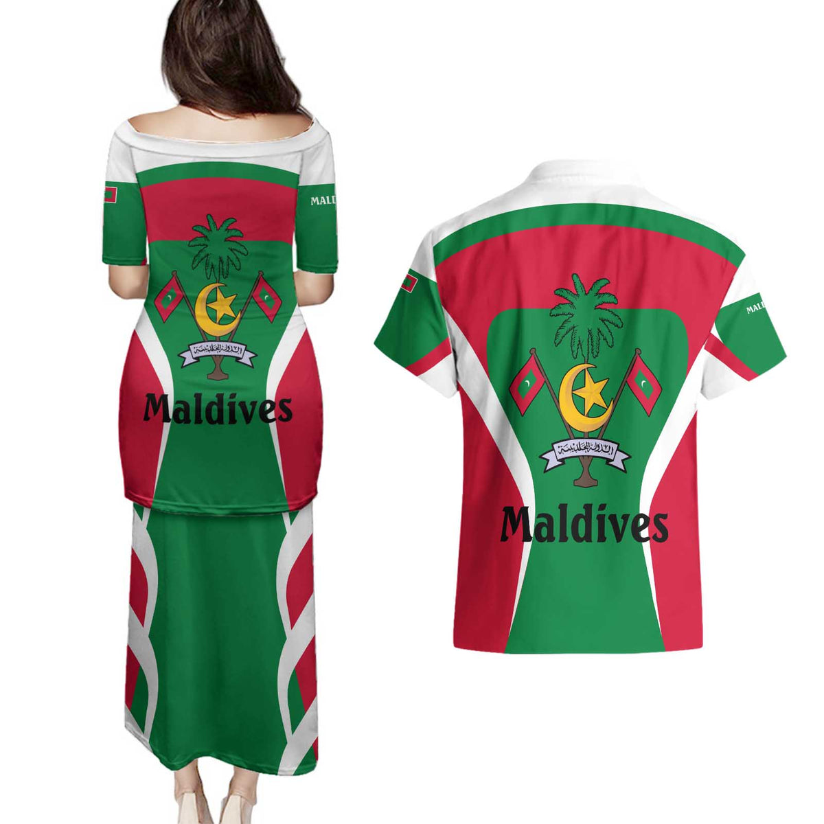 Maldives National Flag and Emblem Couples Matching Puletasi and Hawaiian Shirt with Green Red White Colorblock Design