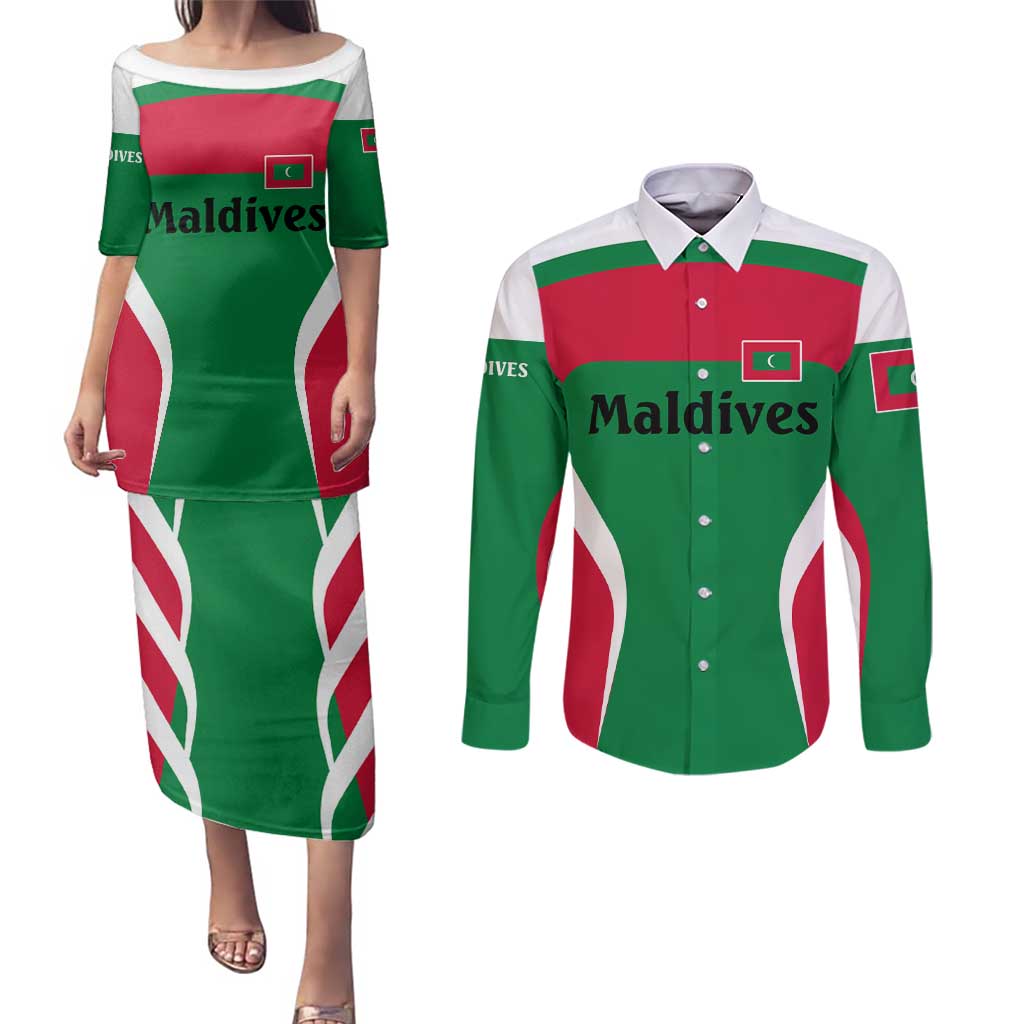 Maldives National Flag and Emblem Couples Matching Puletasi and Long Sleeve Button Shirt with Green Red White Colorblock Design
