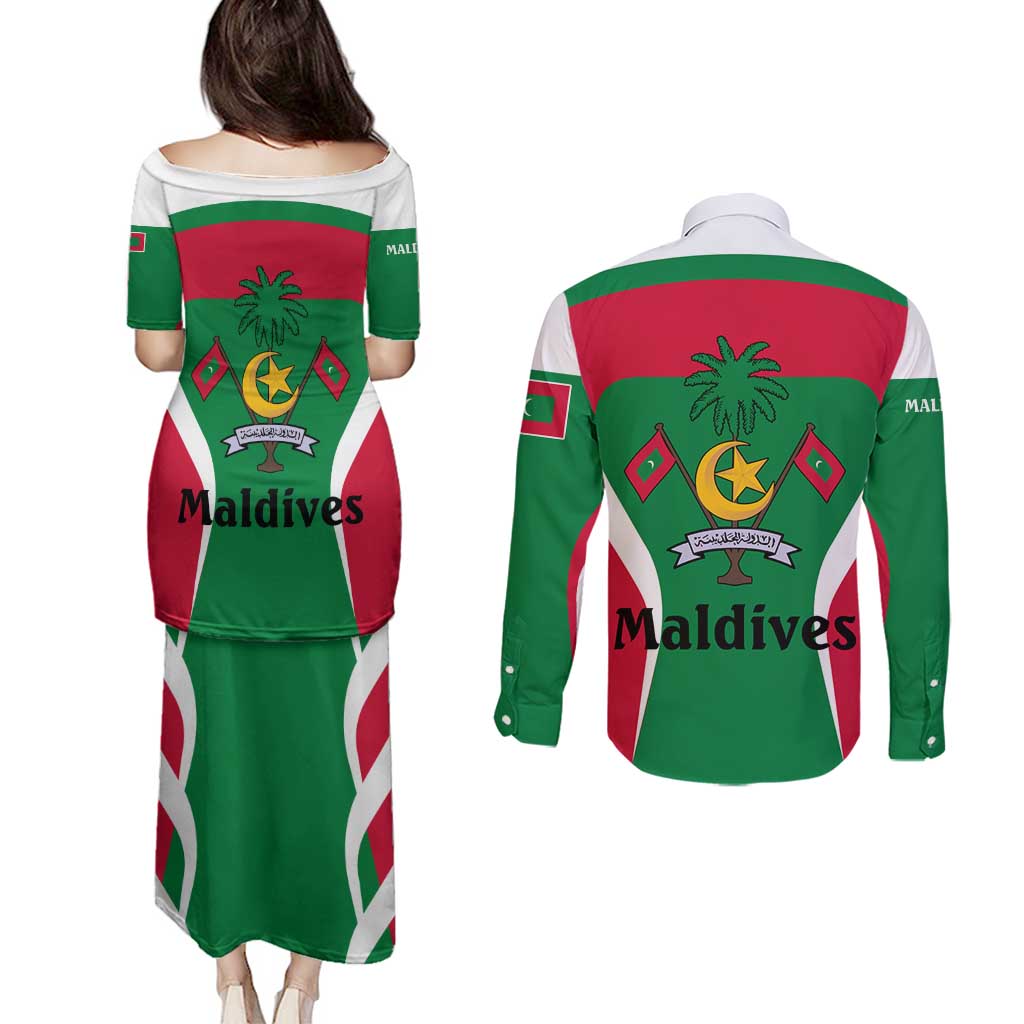 Maldives National Flag and Emblem Couples Matching Puletasi and Long Sleeve Button Shirt with Green Red White Colorblock Design