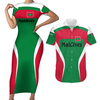 Maldives National Flag and Emblem Couples Matching Short Sleeve Bodycon Dress and Hawaiian Shirt with Green Red White Colorblock Design