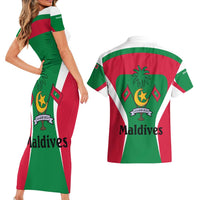 Maldives National Flag and Emblem Couples Matching Short Sleeve Bodycon Dress and Hawaiian Shirt with Green Red White Colorblock Design