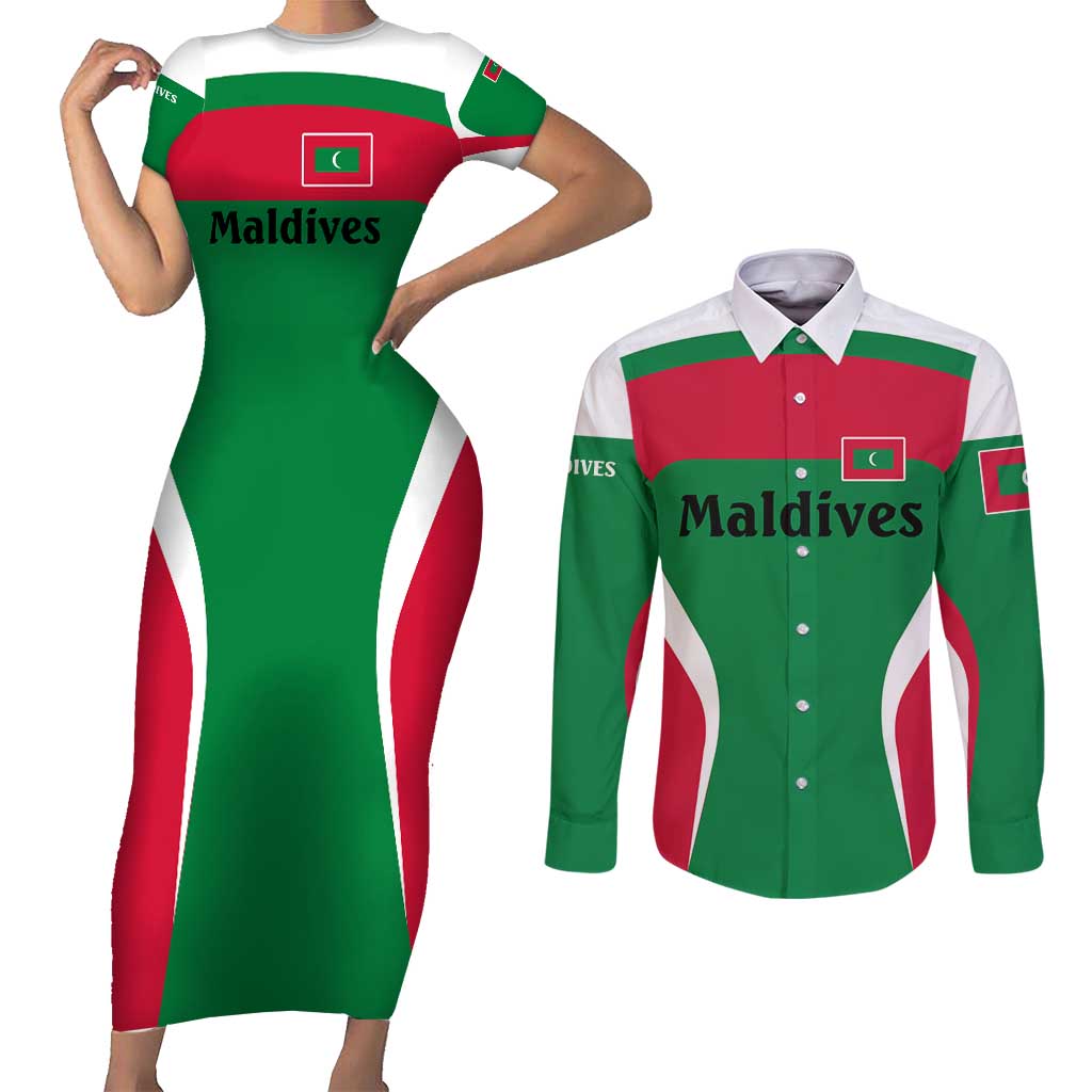 Maldives National Flag and Emblem Couples Matching Short Sleeve Bodycon Dress and Long Sleeve Button Shirt with Green Red White Colorblock Design