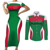 Maldives National Flag and Emblem Couples Matching Short Sleeve Bodycon Dress and Long Sleeve Button Shirt with Green Red White Colorblock Design