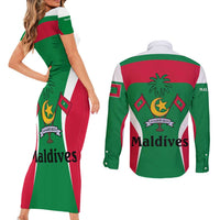Maldives National Flag and Emblem Couples Matching Short Sleeve Bodycon Dress and Long Sleeve Button Shirt with Green Red White Colorblock Design