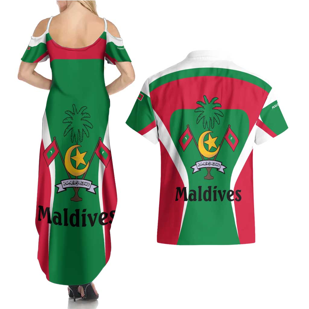 Maldives National Flag and Emblem Couples Matching Summer Maxi Dress and Hawaiian Shirt with Green Red White Colorblock Design