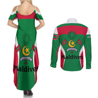 Maldives National Flag and Emblem Couples Matching Summer Maxi Dress and Long Sleeve Button Shirt with Green Red White Colorblock Design