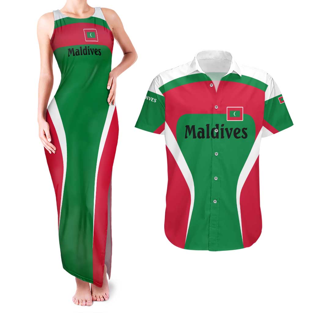 Maldives National Flag and Emblem Couples Matching Tank Maxi Dress and Hawaiian Shirt with Green Red White Colorblock Design
