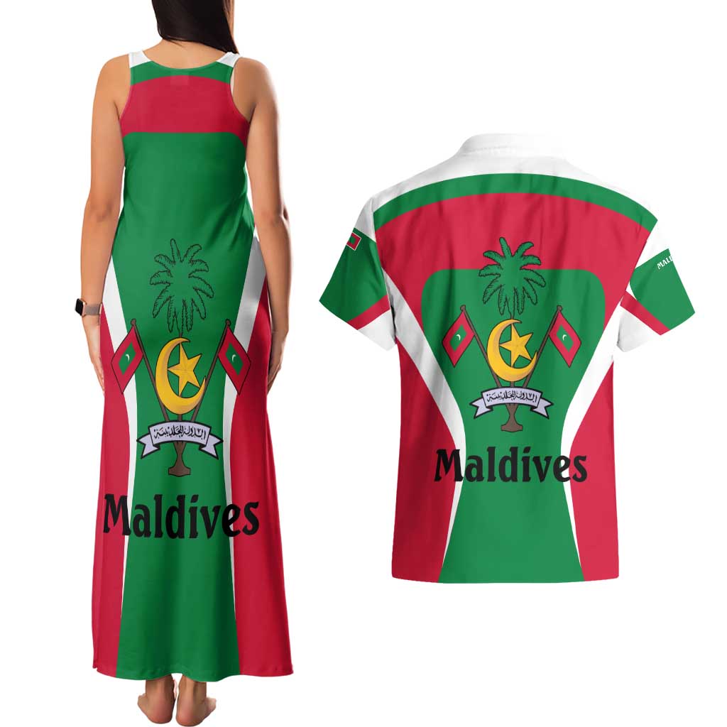 Maldives National Flag and Emblem Couples Matching Tank Maxi Dress and Hawaiian Shirt with Green Red White Colorblock Design