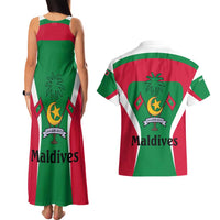 Maldives National Flag and Emblem Couples Matching Tank Maxi Dress and Hawaiian Shirt with Green Red White Colorblock Design