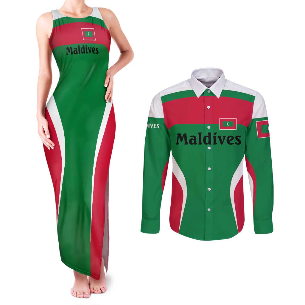 Maldives National Flag and Emblem Couples Matching Tank Maxi Dress and Long Sleeve Button Shirt with Green Red White Colorblock Design