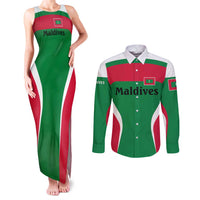 Maldives National Flag and Emblem Couples Matching Tank Maxi Dress and Long Sleeve Button Shirt with Green Red White Colorblock Design