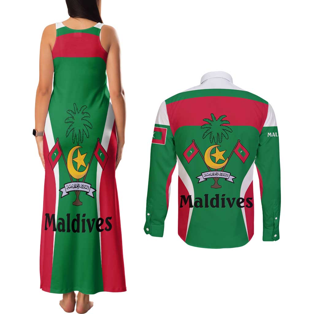 Maldives National Flag and Emblem Couples Matching Tank Maxi Dress and Long Sleeve Button Shirt with Green Red White Colorblock Design