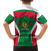 Maldives National Flag and Emblem Family Matching Long Sleeve Bodycon Dress and Hawaiian Shirt with Green Red White Colorblock Design