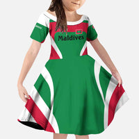 Maldives National Flag and Emblem Family Matching Long Sleeve Bodycon Dress and Hawaiian Shirt with Green Red White Colorblock Design