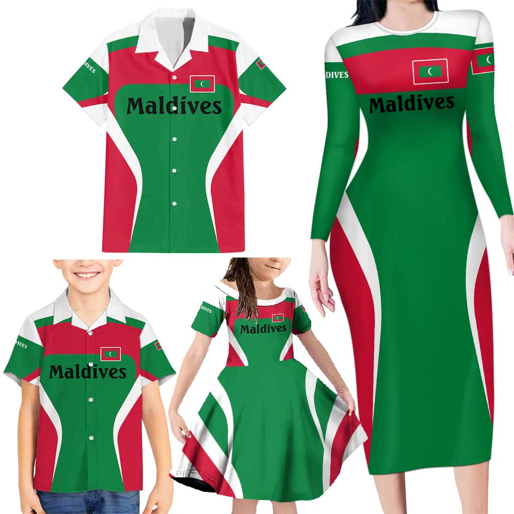 Maldives National Flag and Emblem Family Matching Long Sleeve Bodycon Dress and Hawaiian Shirt with Green Red White Colorblock Design