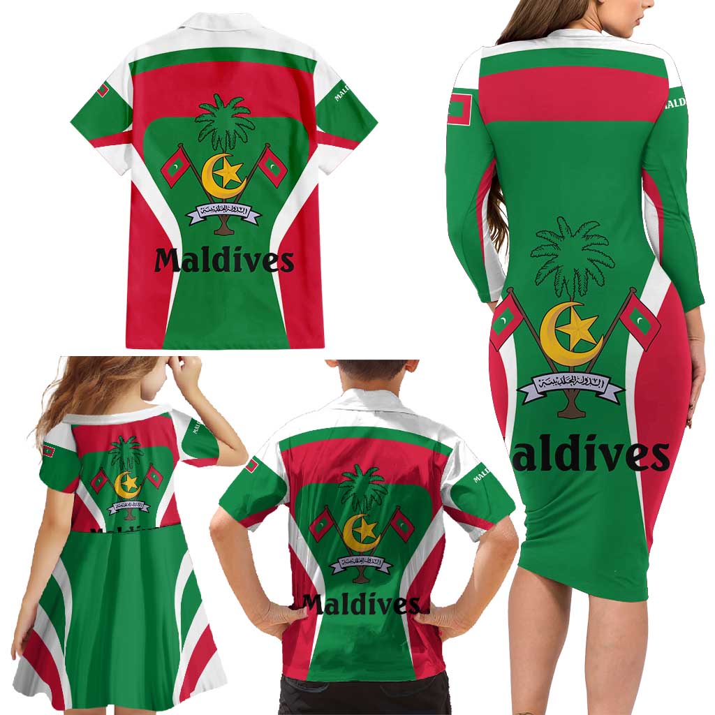 Maldives National Flag and Emblem Family Matching Long Sleeve Bodycon Dress and Hawaiian Shirt with Green Red White Colorblock Design