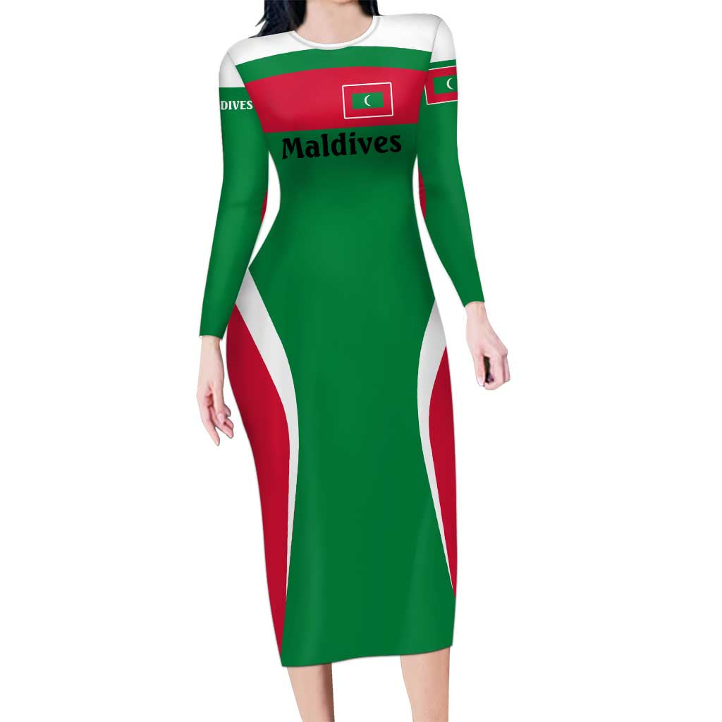 Maldives National Flag and Emblem Family Matching Long Sleeve Bodycon Dress and Hawaiian Shirt with Green Red White Colorblock Design