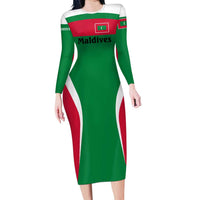 Maldives National Flag and Emblem Family Matching Long Sleeve Bodycon Dress and Hawaiian Shirt with Green Red White Colorblock Design