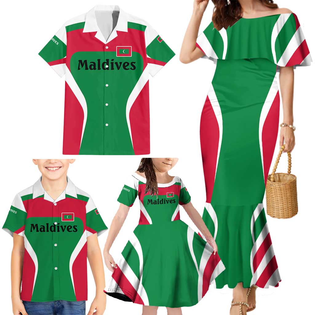 Maldives National Flag and Emblem Family Matching Mermaid Dress and Hawaiian Shirt with Green Red White Colorblock Design