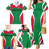 Maldives National Flag and Emblem Family Matching Mermaid Dress and Hawaiian Shirt with Green Red White Colorblock Design