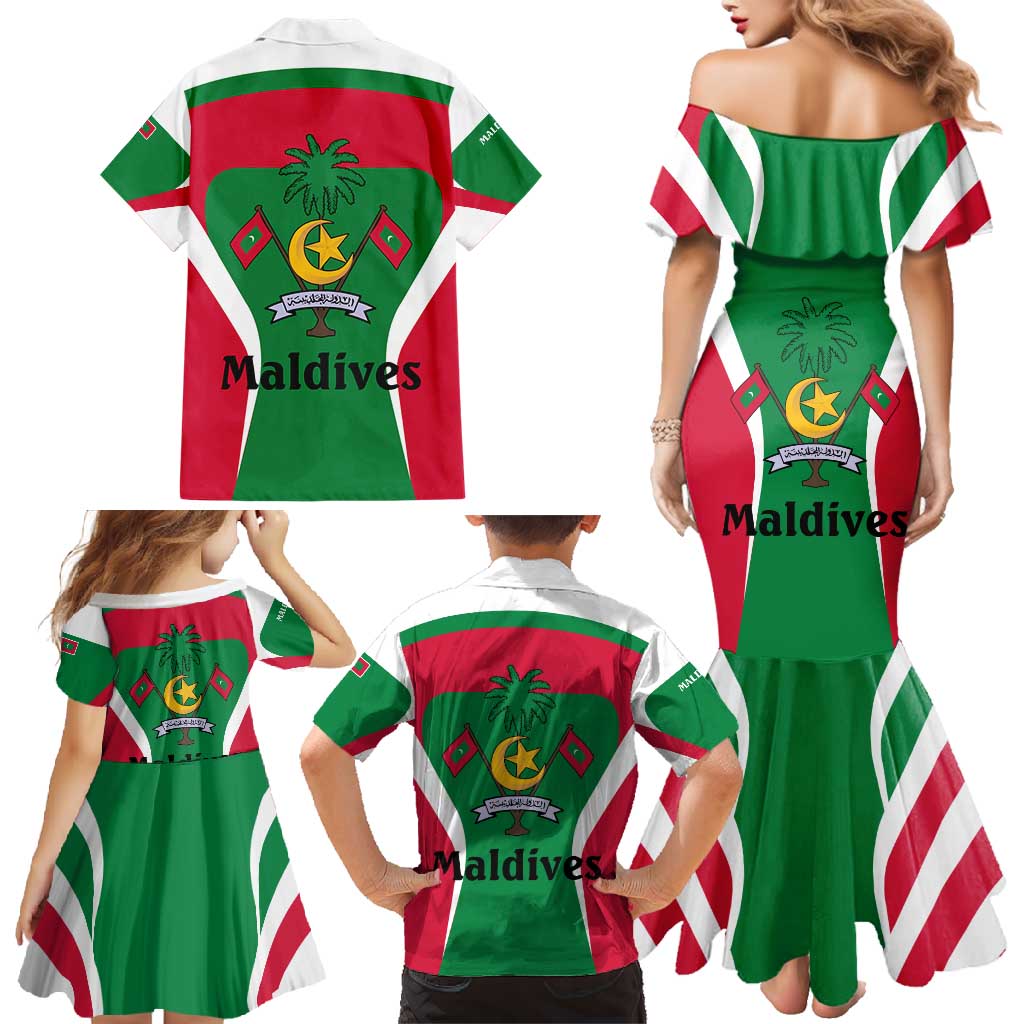 Maldives National Flag and Emblem Family Matching Mermaid Dress and Hawaiian Shirt with Green Red White Colorblock Design