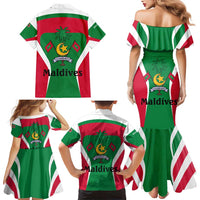 Maldives National Flag and Emblem Family Matching Mermaid Dress and Hawaiian Shirt with Green Red White Colorblock Design