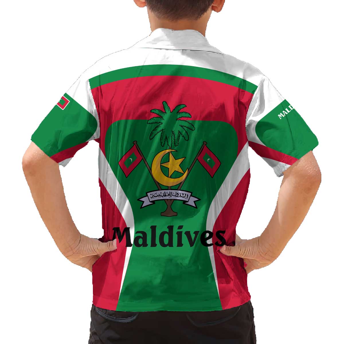 Maldives National Flag and Emblem Family Matching Off The Shoulder Long Sleeve Dress and Hawaiian Shirt with Green Red White Colorblock Design