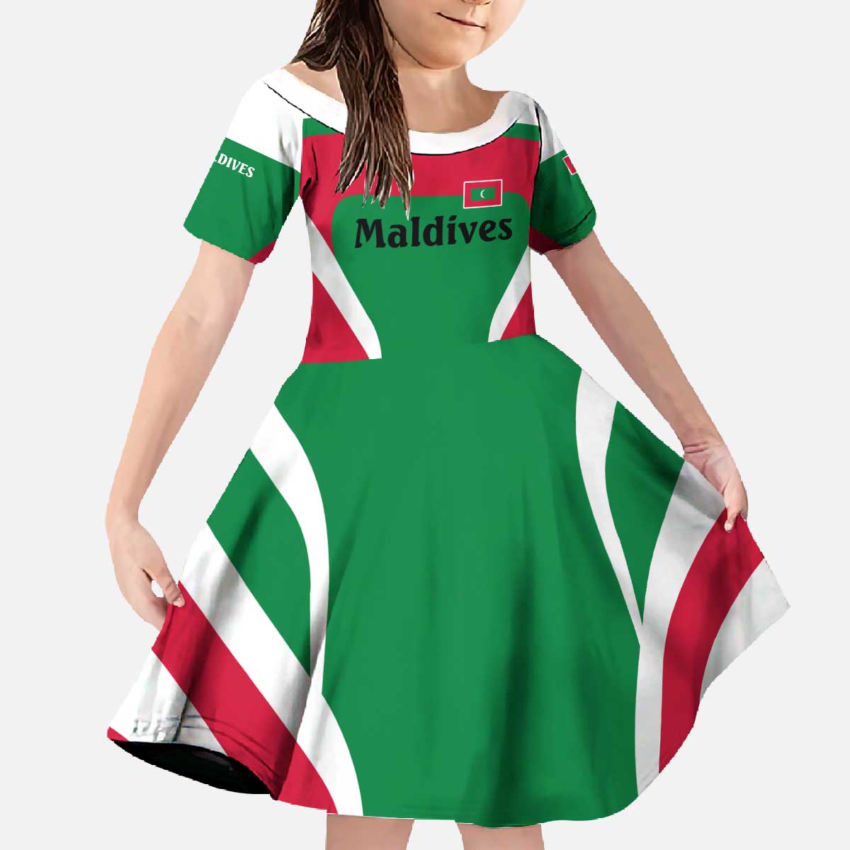 Maldives National Flag and Emblem Family Matching Off The Shoulder Long Sleeve Dress and Hawaiian Shirt with Green Red White Colorblock Design