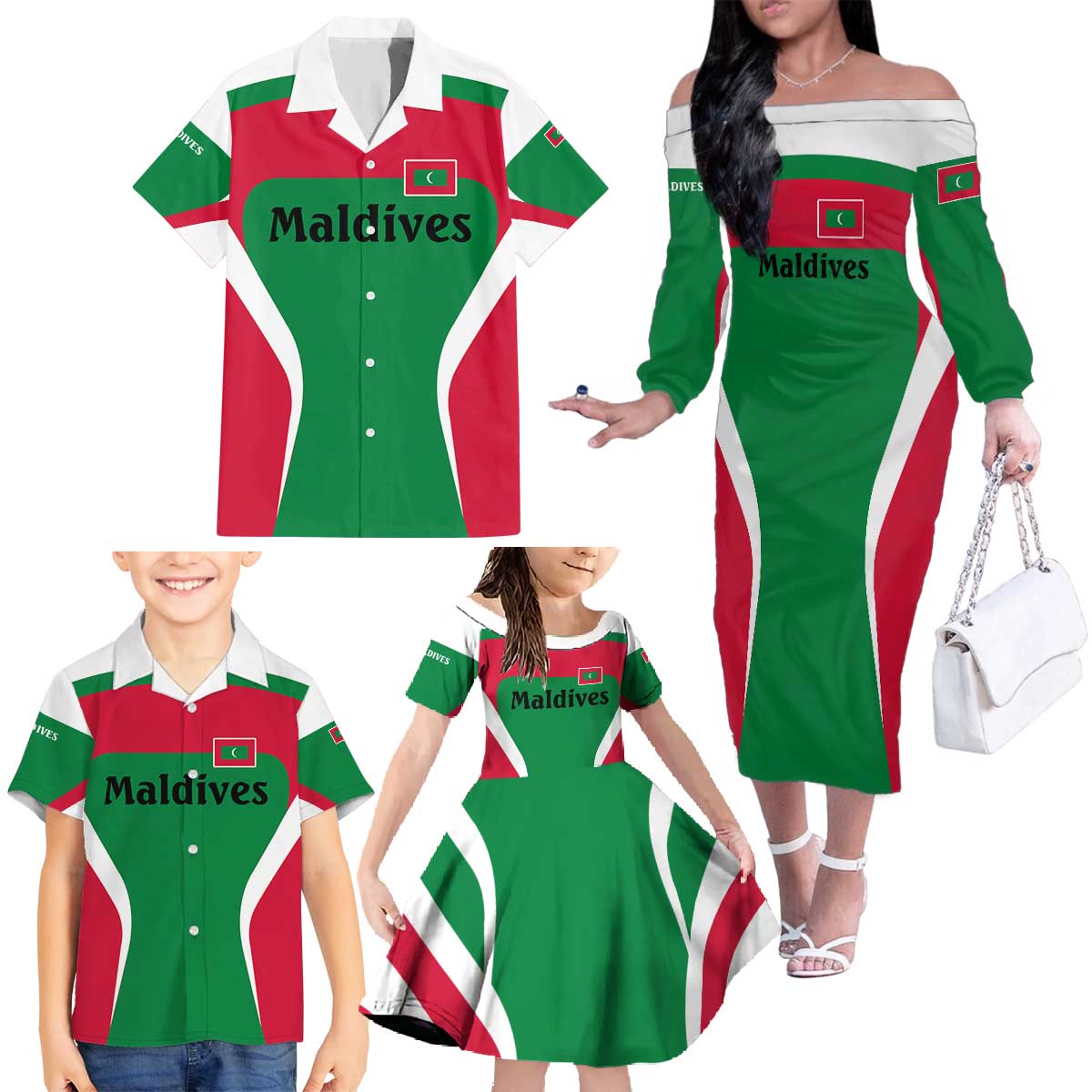 Maldives National Flag and Emblem Family Matching Off The Shoulder Long Sleeve Dress and Hawaiian Shirt with Green Red White Colorblock Design