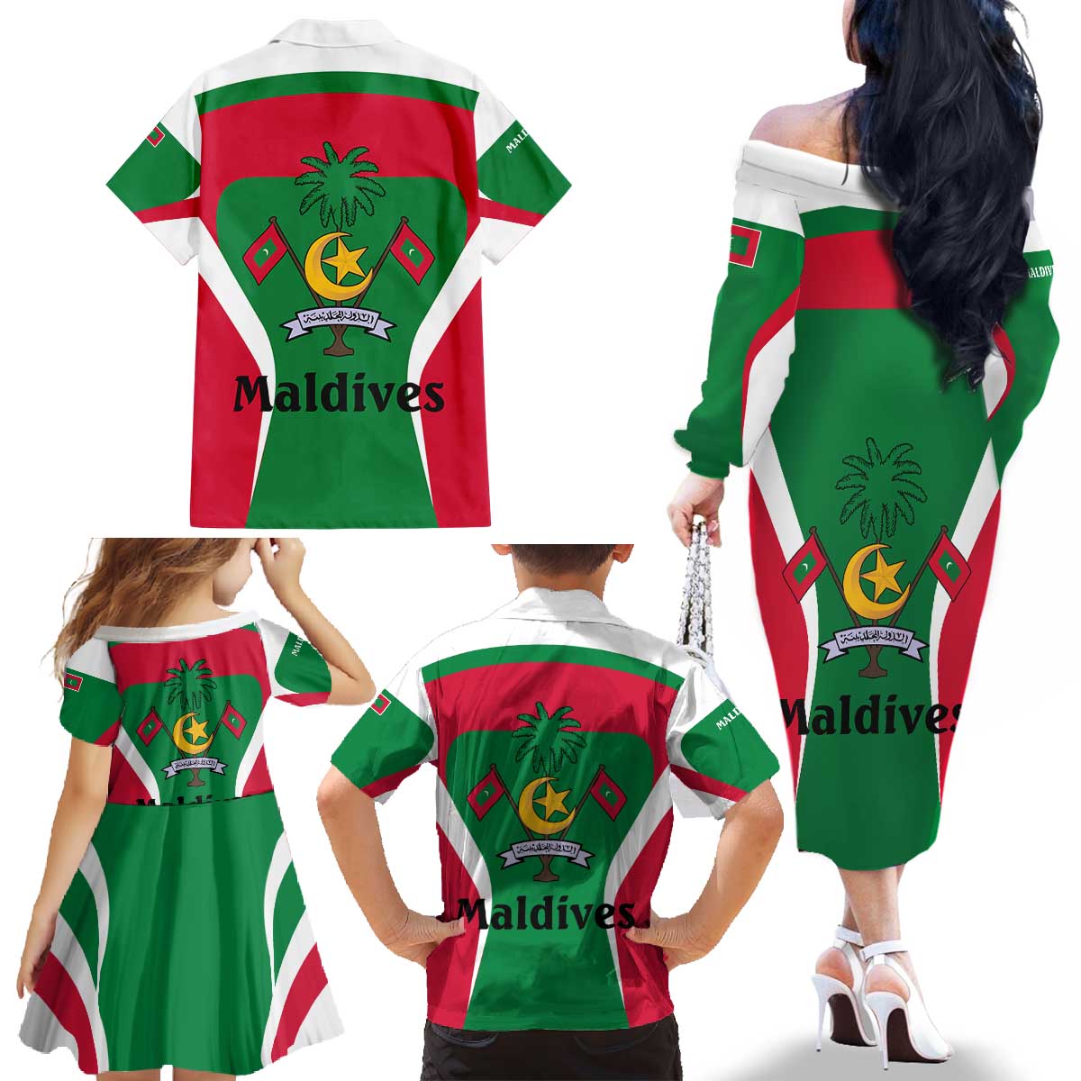 Maldives National Flag and Emblem Family Matching Off The Shoulder Long Sleeve Dress and Hawaiian Shirt with Green Red White Colorblock Design