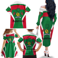 Maldives National Flag and Emblem Family Matching Off The Shoulder Long Sleeve Dress and Hawaiian Shirt with Green Red White Colorblock Design