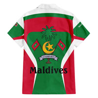 Maldives National Flag and Emblem Family Matching Off The Shoulder Long Sleeve Dress and Hawaiian Shirt with Green Red White Colorblock Design