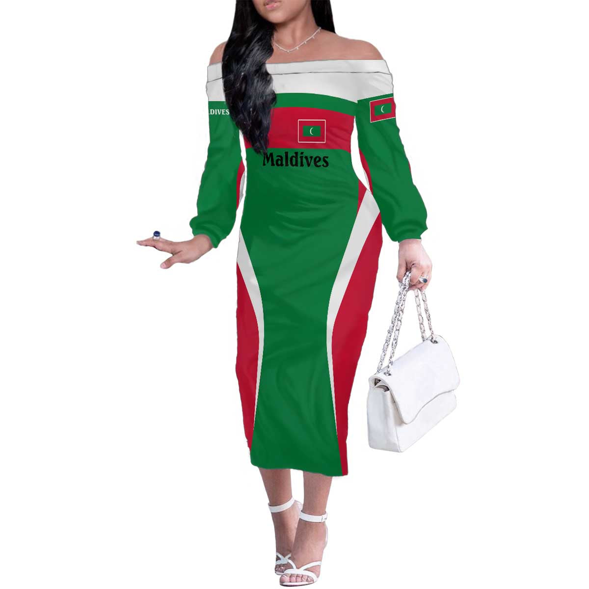 Maldives National Flag and Emblem Family Matching Off The Shoulder Long Sleeve Dress and Hawaiian Shirt with Green Red White Colorblock Design