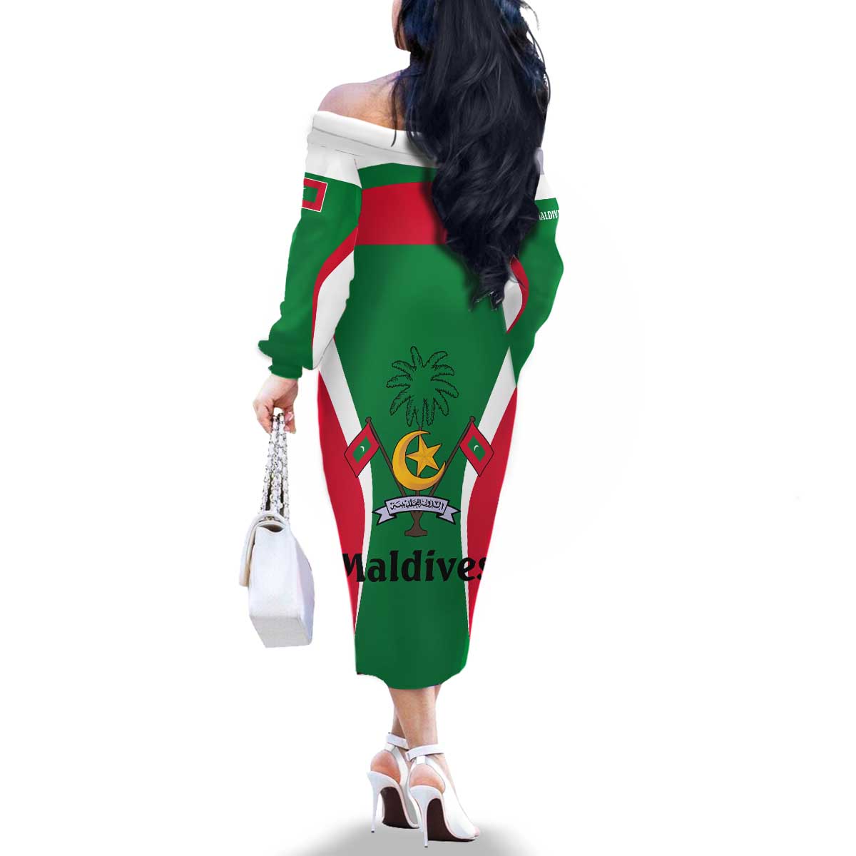 Maldives National Flag and Emblem Family Matching Off The Shoulder Long Sleeve Dress and Hawaiian Shirt with Green Red White Colorblock Design