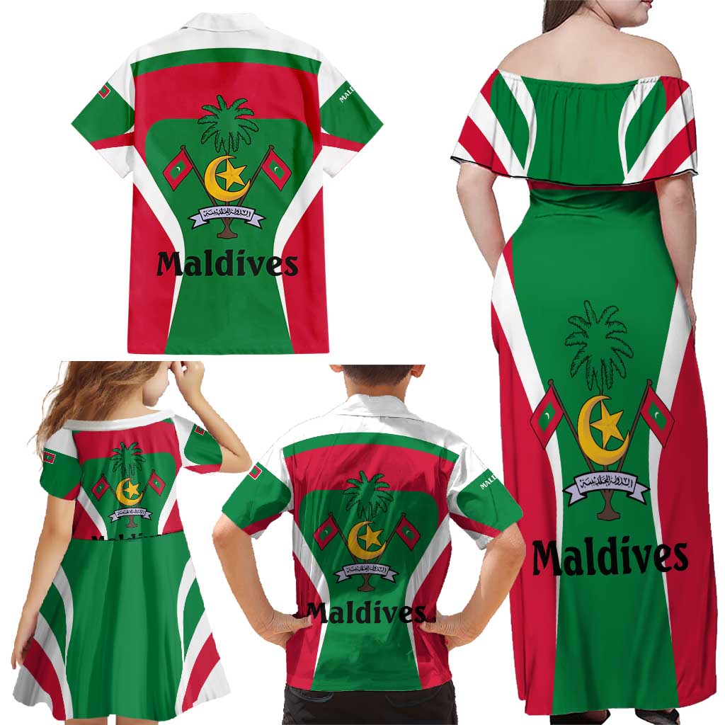 Maldives National Flag and Emblem Family Matching Off Shoulder Maxi Dress and Hawaiian Shirt with Green Red White Colorblock Design