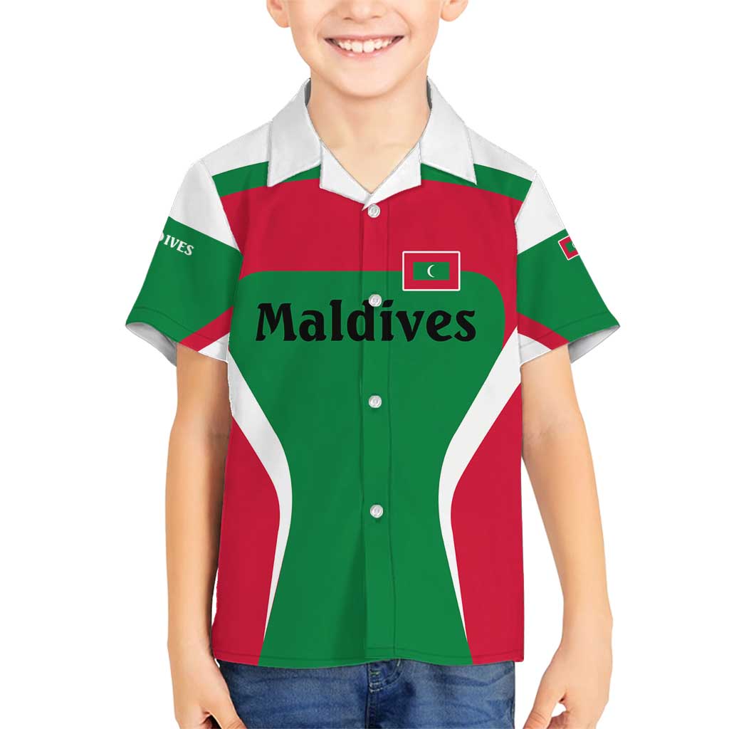 Maldives National Flag and Emblem Family Matching Off Shoulder Maxi Dress and Hawaiian Shirt with Green Red White Colorblock Design