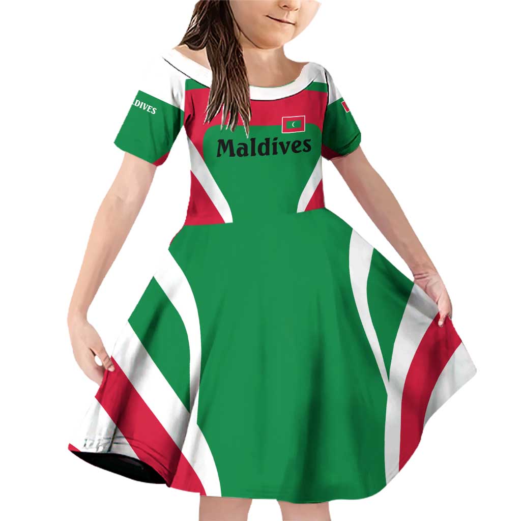 Maldives National Flag and Emblem Family Matching Off Shoulder Short Dress and Hawaiian Shirt with Green Red White Colorblock Design