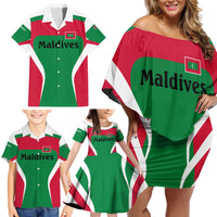 Maldives National Flag and Emblem Family Matching Off Shoulder Short Dress and Hawaiian Shirt with Green Red White Colorblock Design