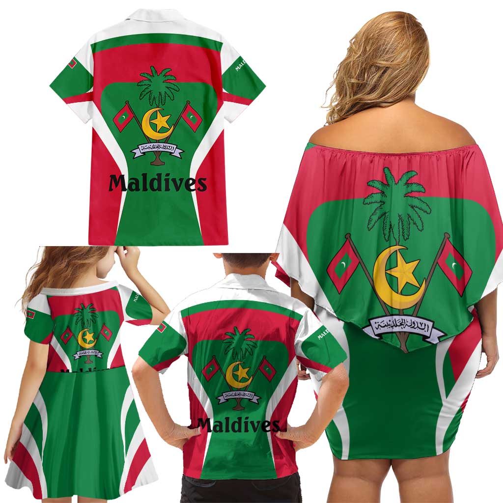 Maldives National Flag and Emblem Family Matching Off Shoulder Short Dress and Hawaiian Shirt with Green Red White Colorblock Design