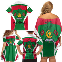 Maldives National Flag and Emblem Family Matching Off Shoulder Short Dress and Hawaiian Shirt with Green Red White Colorblock Design