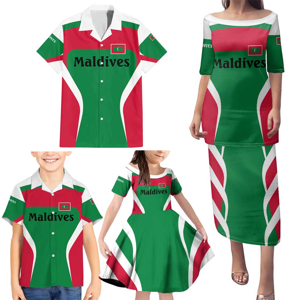 Maldives National Flag and Emblem Family Matching Puletasi and Hawaiian Shirt with Green Red White Colorblock Design