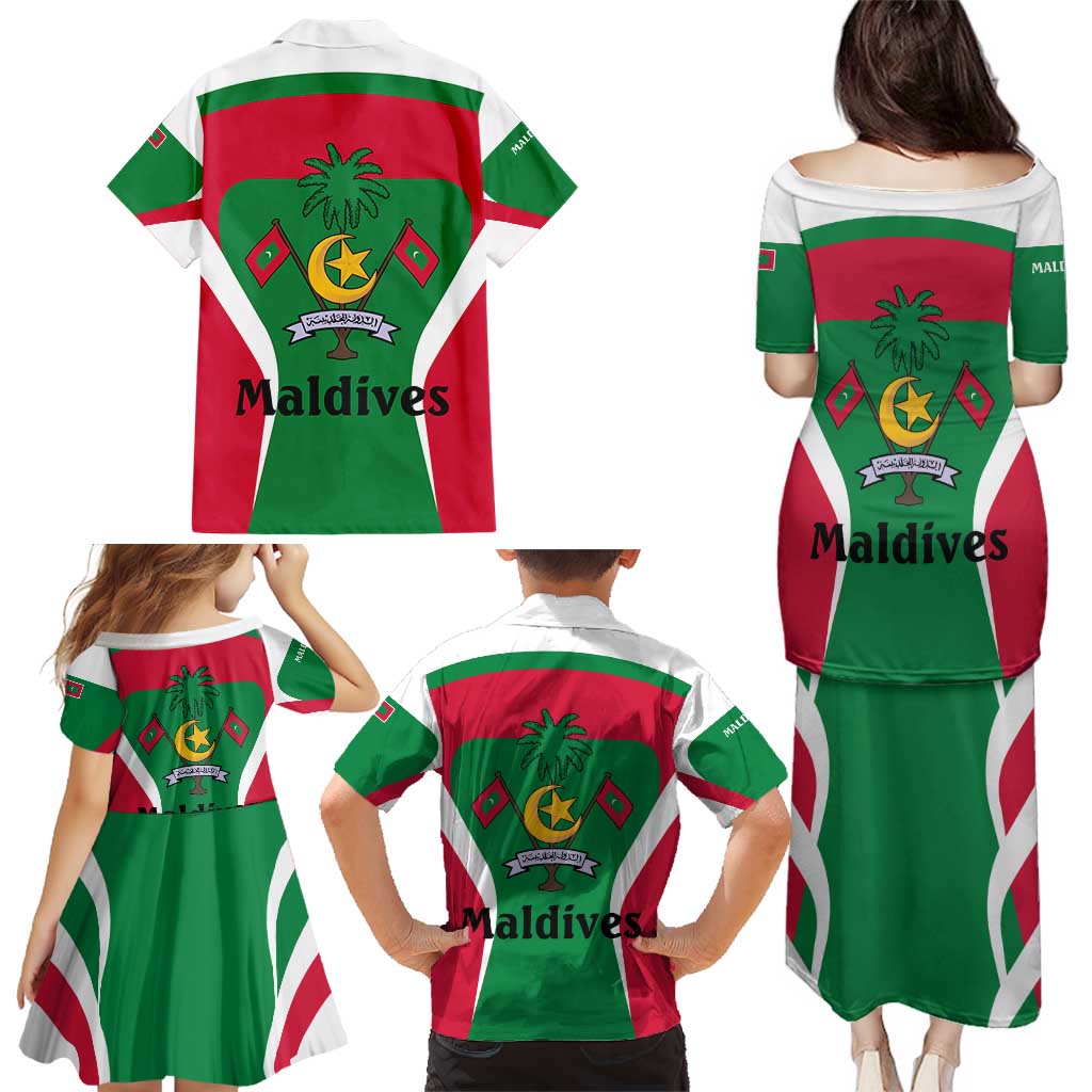 Maldives National Flag and Emblem Family Matching Puletasi and Hawaiian Shirt with Green Red White Colorblock Design
