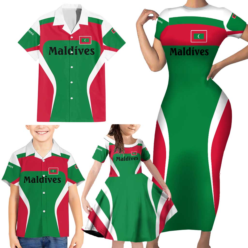 Maldives National Flag and Emblem Family Matching Short Sleeve Bodycon Dress and Hawaiian Shirt with Green Red White Colorblock Design