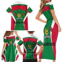 Maldives National Flag and Emblem Family Matching Short Sleeve Bodycon Dress and Hawaiian Shirt with Green Red White Colorblock Design