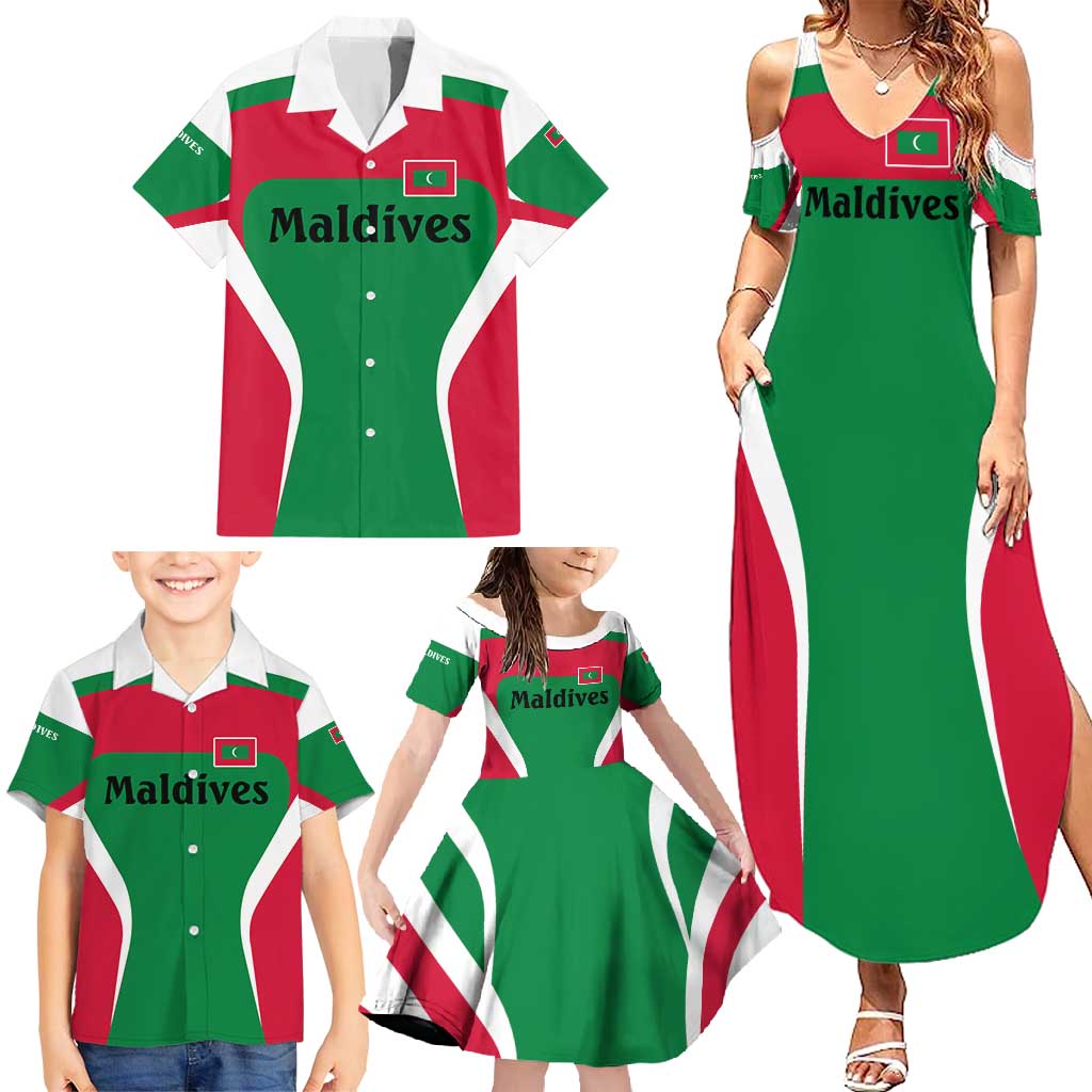 Maldives National Flag and Emblem Family Matching Summer Maxi Dress and Hawaiian Shirt with Green Red White Colorblock Design